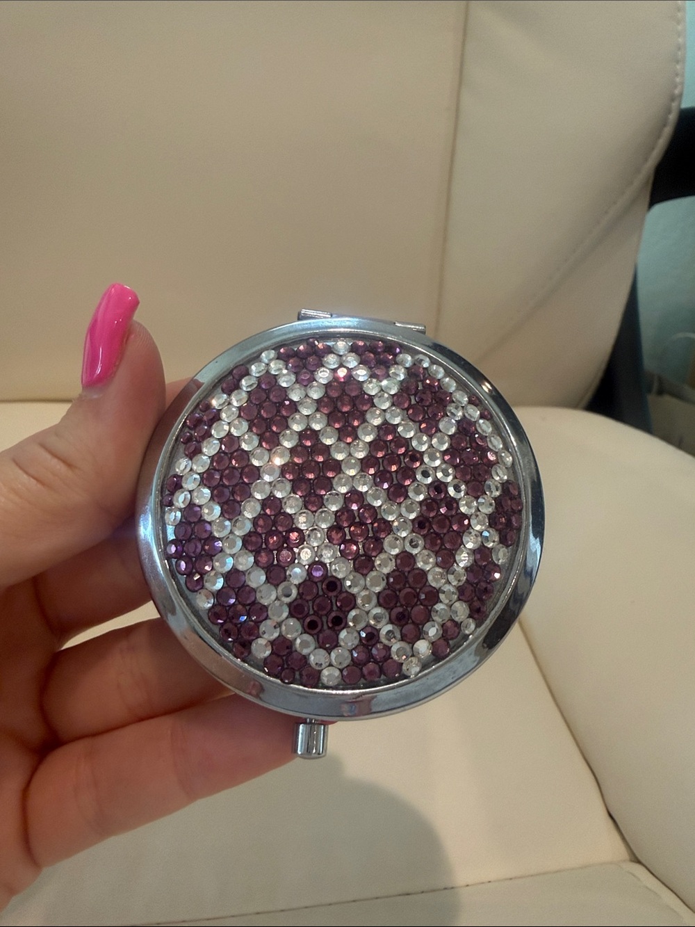 Vintage Compact Mirrors with Purple and Silver Rhinestone Mosaic design.